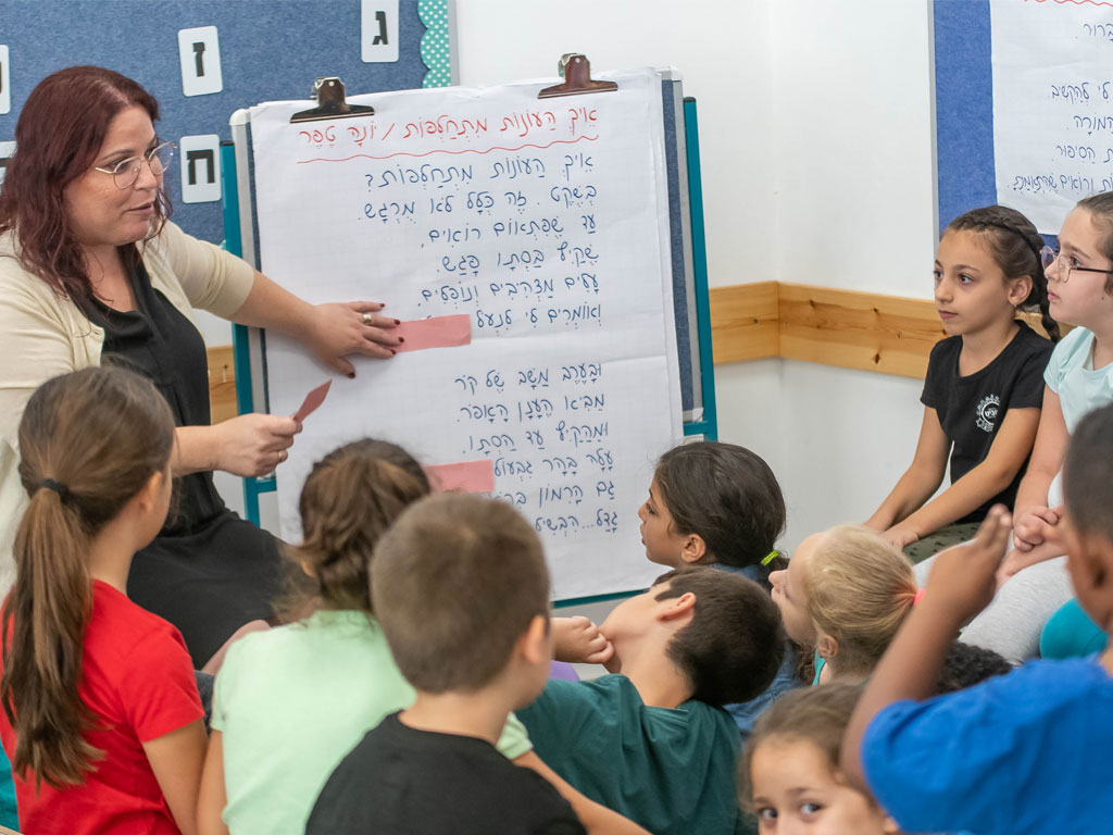 A teacher teaches a group of children a song in Hebrew
